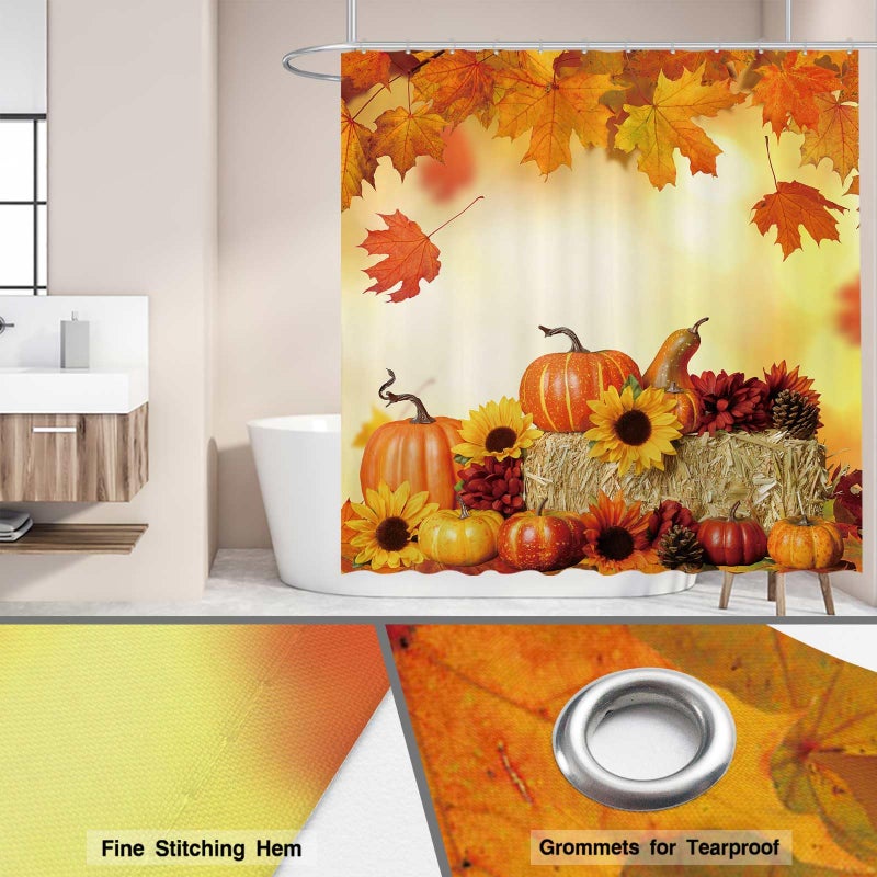 Funnytree 72""x72"" Fall Pumpkins Maple Autumn Thanksgiving Sunflowers Harvest Falling Leaves Shower Curtain for Bathroom Decor Machine Washable (Hooks Not Included) - Image 4