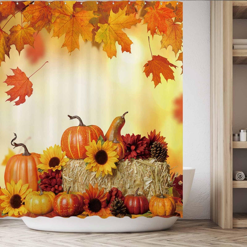 Funnytree 72""x72"" Fall Pumpkins Maple Autumn Thanksgiving Sunflowers Harvest Falling Leaves Shower Curtain for Bathroom Decor Machine Washable (Hooks Not Included) - Image 5