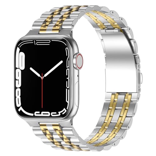 Anlinser Metal Bands Compatible with Apple Watch Band 49mm 46mm 45mm 44mm 42mm for Women Men, Stainless Steel Replacement Strap for iWatch Ultra 3/2/1 Series 11 10 9 8 7-1 SE (Silver Gold) - Image 1