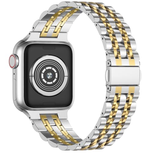 Anlinser Metal Bands Compatible with Apple Watch Band 49mm 46mm 45mm 44mm 42mm for Women Men, Stainless Steel Replacement Strap for iWatch Ultra 3/2/1 Series 11 10 9 8 7-1 SE (Silver Gold) - Image 2