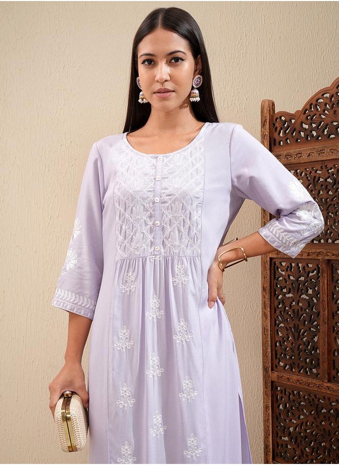Vishudh Floral Embroidered Thread Work Straight Kurta & Palazzos Set by Styli  - Image 1
