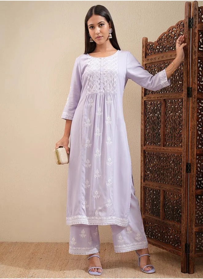 Vishudh Floral Embroidered Thread Work Straight Kurta & Palazzos Set