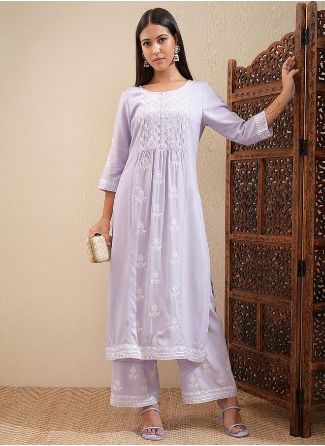 Vishudh Floral Embroidered Thread Work Straight Kurta & Palazzos Set by Styli  - Image 2