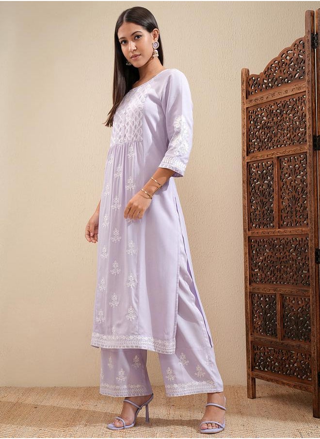 Vishudh Floral Embroidered Thread Work Straight Kurta & Palazzos Set by Styli  - Image 4