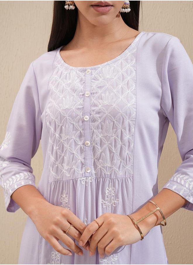 Vishudh Floral Embroidered Thread Work Straight Kurta & Palazzos Set by Styli  - Image 5