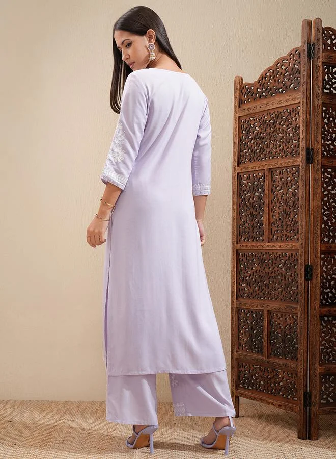 Vishudh Floral Embroidered Thread Work Straight Kurta & Palazzos Set by Styli