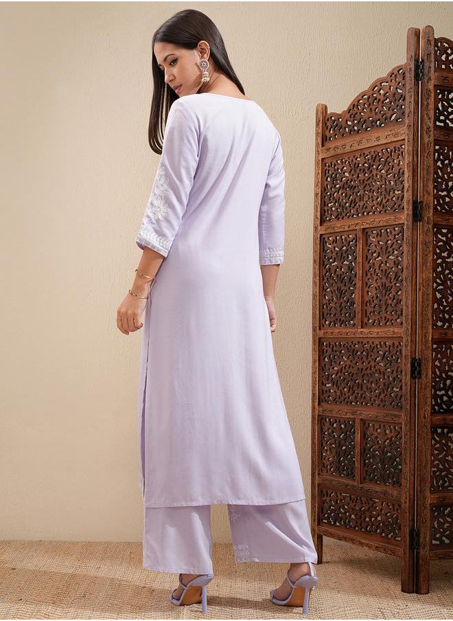 Vishudh Floral Embroidered Thread Work Straight Kurta & Palazzos Set by Styli  - Image 3