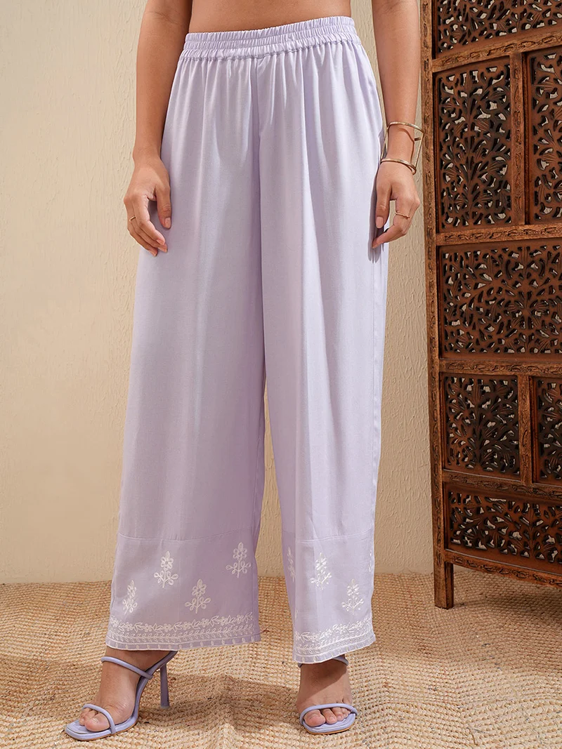 Vishudh Floral Embroidered Thread Work Straight Kurta & Palazzos Set by Styli