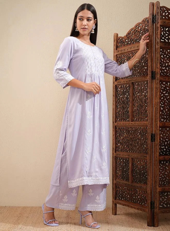 Vishudh Floral Embroidered Thread Work Straight Kurta & Palazzos Set by Styli