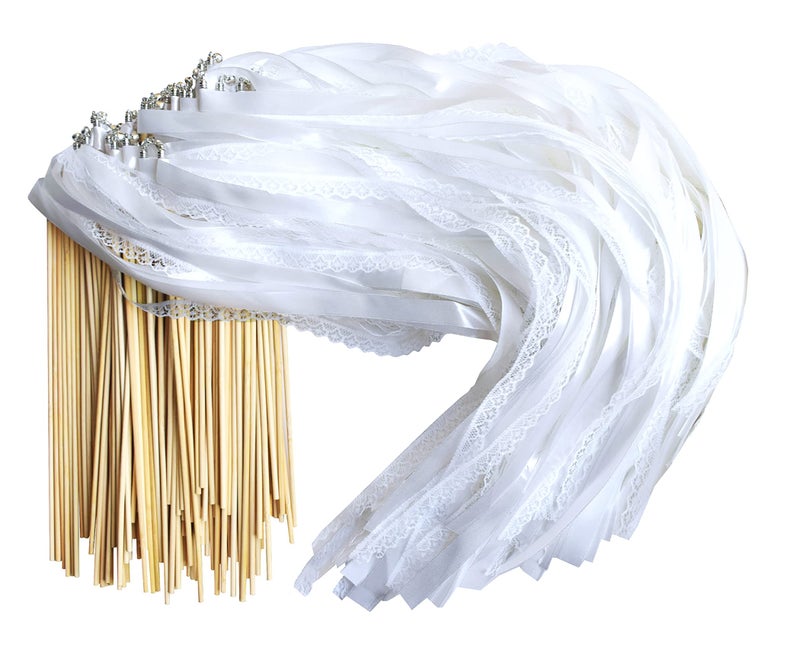 Kingsnow 100 Pieces Lace Wedding Ribbon Wands with Triple Ribbon and Silver Bell Wand Silk Fairy Stick Wand Streamers Party Ribbon Sticks Magic Fairy Wands for Wedding Bridal Shower Photo Prop Send - Image 2