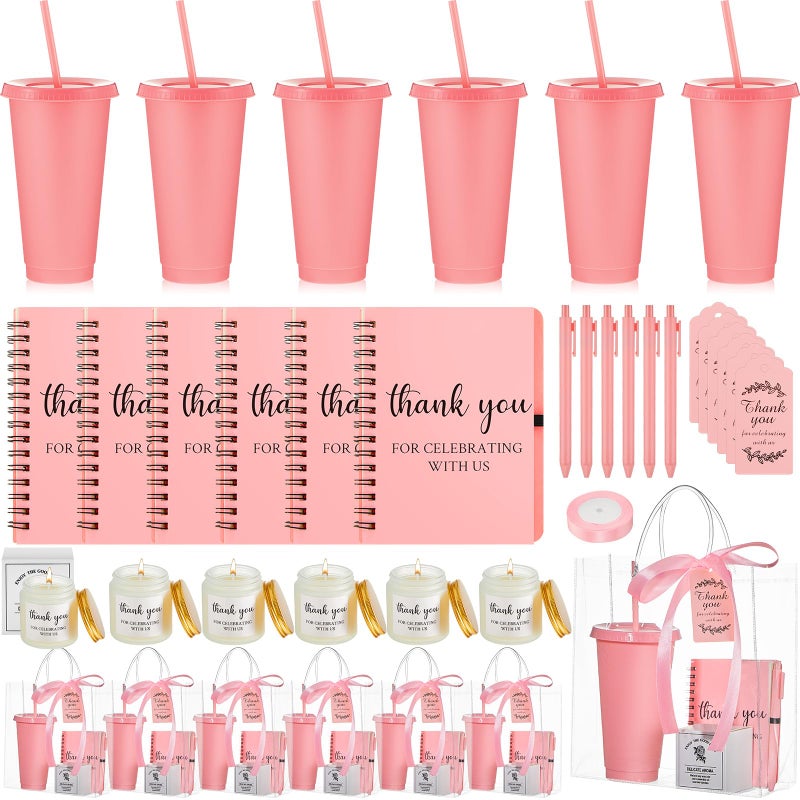 Nuogo 6 Sets New Parent Shower Prizes for Player Winners Adults Include Plastic Tumbler Notebook Scented Candles Ballpoint Pen Gift Bag, Party Player Winner Gifts (Pink Color,Classic Style) - Image 1