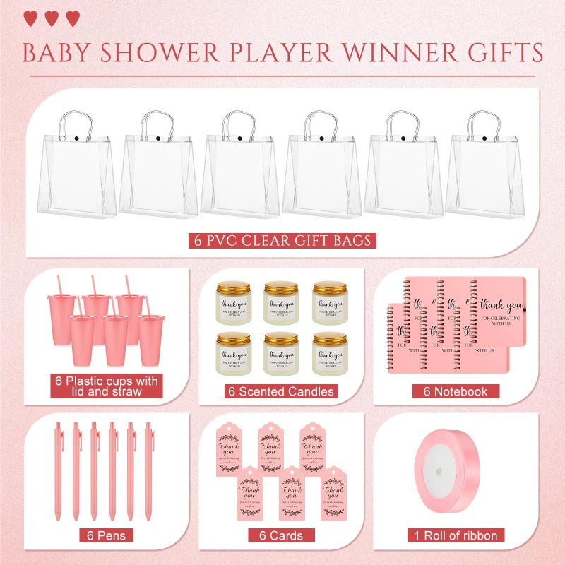 Nuogo 6 Sets New Parent Shower Prizes for Player Winners Adults Include Plastic Tumbler Notebook Scented Candles Ballpoint Pen Gift Bag, Party Player Winner Gifts (Pink Color,Classic Style) - Image 2