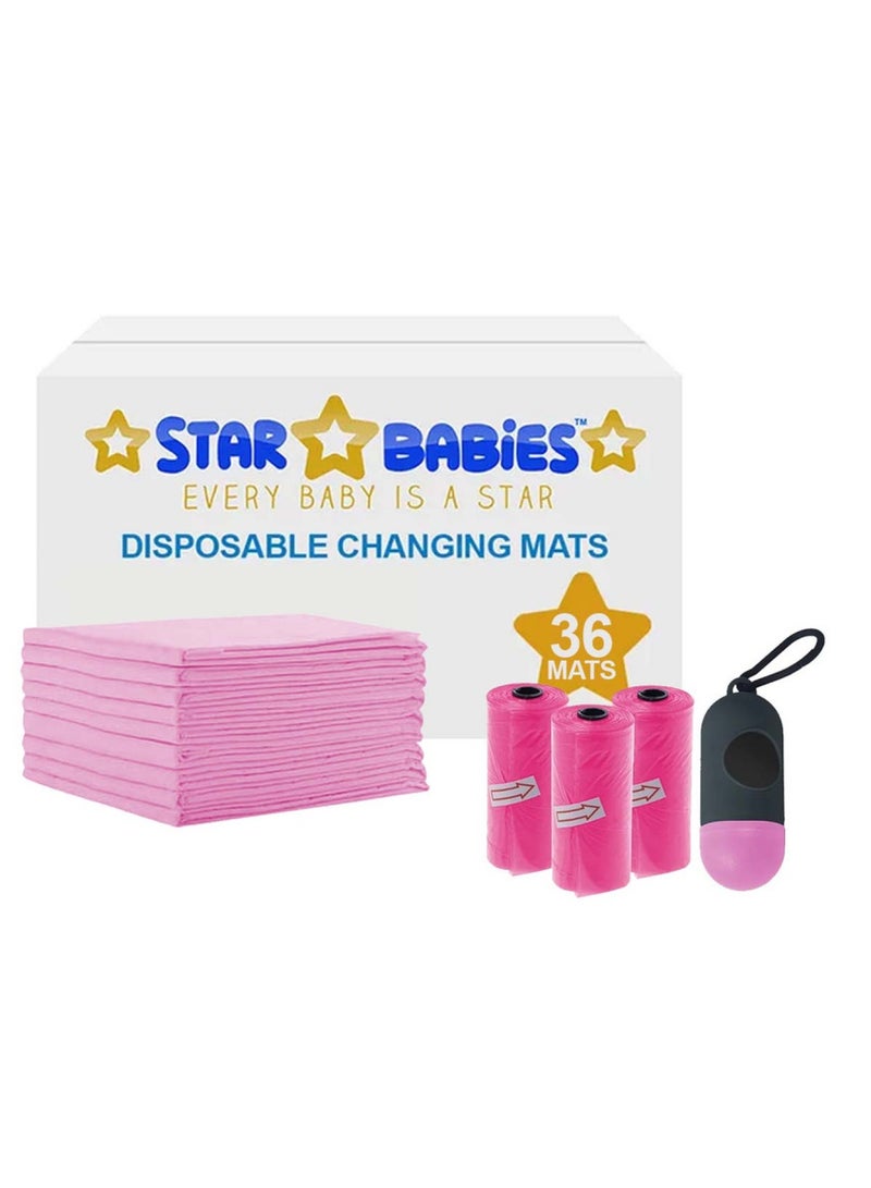 STAR BABiES Combos Pack Disposable Changing Mat 45 X 60Cm Pack Of 36 With Scented Bag Pack Of 3 W/Dispernser 45Bags -Pink  - Image 1