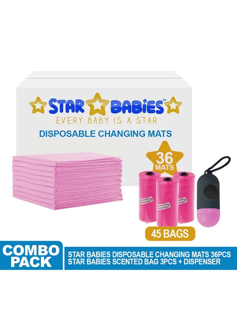 STAR BABiES Combos Pack Disposable Changing Mat 45 X 60Cm Pack Of 36 With Scented Bag Pack Of 3 W/Dispernser 45Bags -Pink  - Image 2