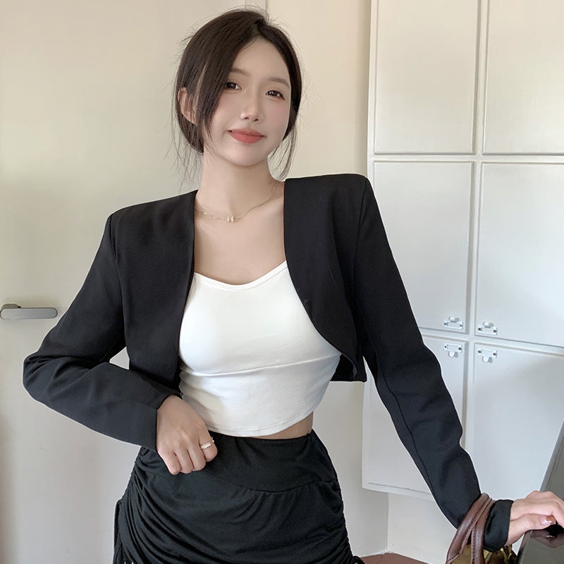 Retro Short Top Suit Jacket Spring and Summer New Design Sense All-match Waistcoat Black Cardigan Women Black - Image 4
