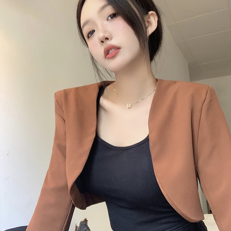Retro Short Top Suit Jacket Spring and Summer New Design Sense All-match Waistcoat Black Cardigan Women Black - Image 3