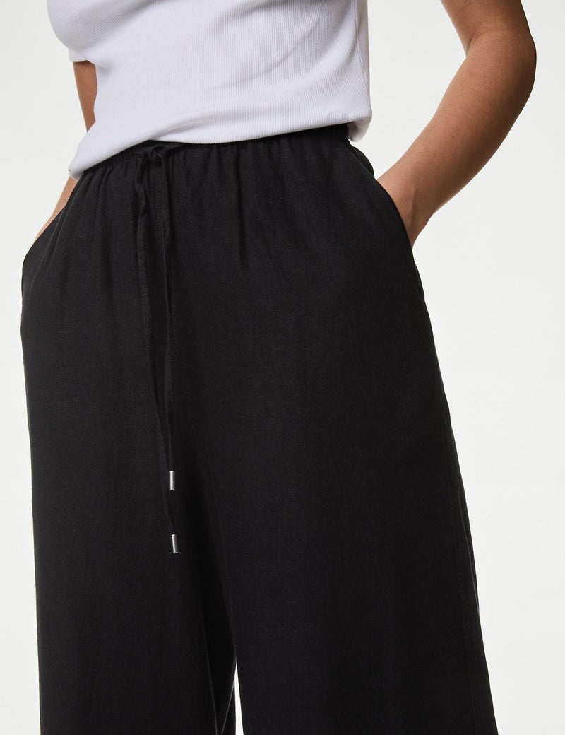 Marks & Spencer Solid Black Linen Womens Wide Leg Trousers - Image 5