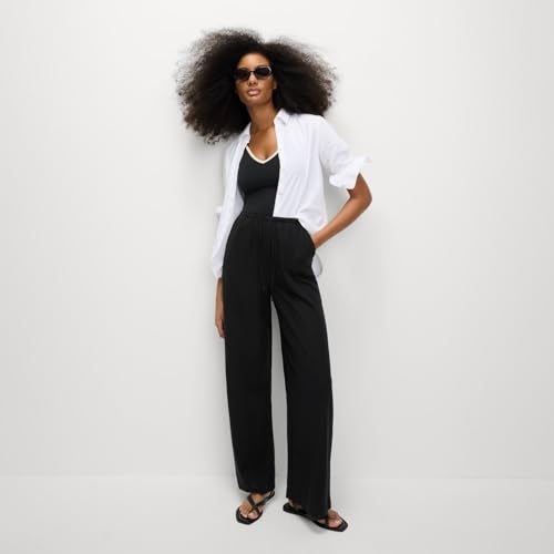 Marks & Spencer Solid Black Linen Womens Wide Leg Trousers - Image 3