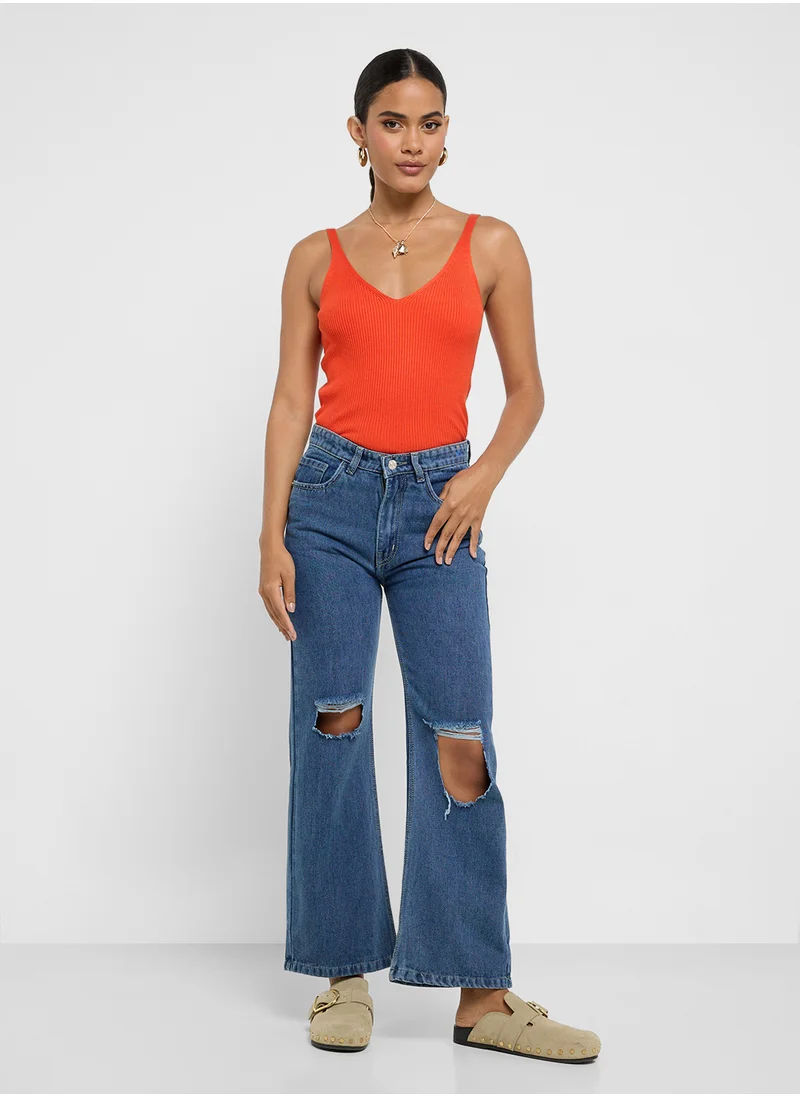 جينجر Ripped High Rise Wide Leg Jeans