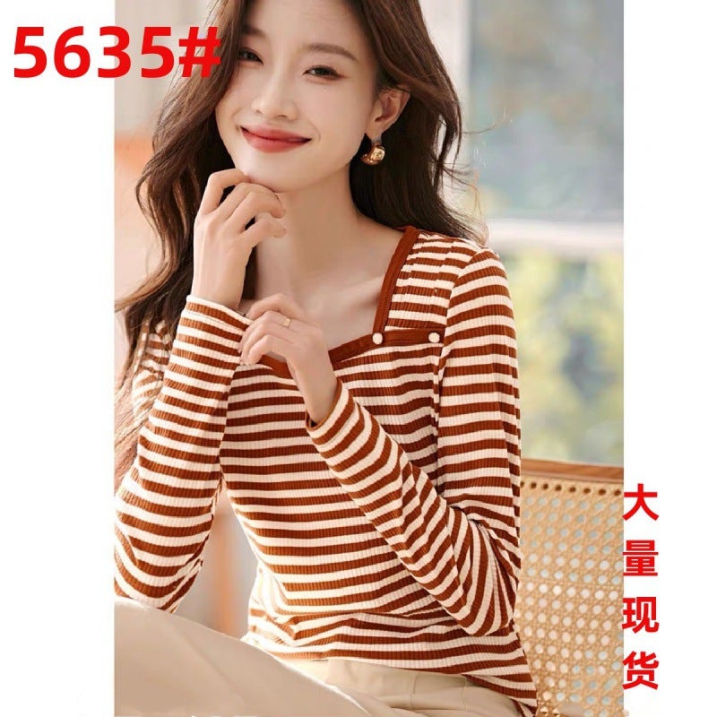 In-Stock Elegant Versatile Square-Neck Striped T-Shirt 2024 Spring New Design Slim-Fit Base T-Shirt For Women - Image 4