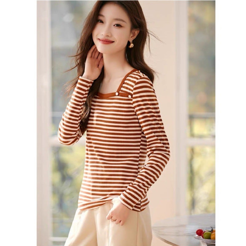 In-Stock Elegant Versatile Square-Neck Striped T-Shirt 2024 Spring New Design Slim-Fit Base T-Shirt For Women - Image 2