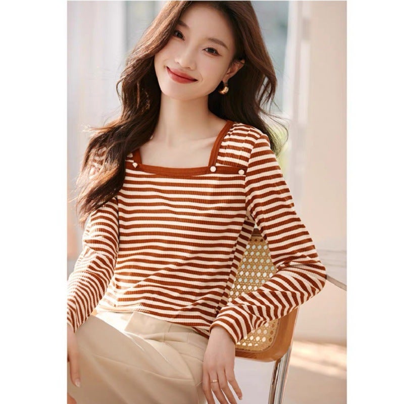 In-Stock Elegant Versatile Square-Neck Striped T-Shirt 2024 Spring New Design Slim-Fit Base T-Shirt For Women - Image 1