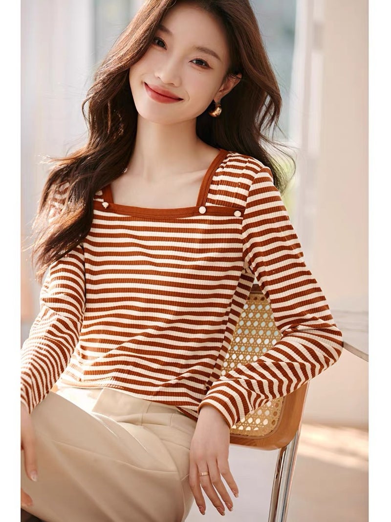 In-Stock Elegant Versatile Square-Neck Striped T-Shirt 2024 Spring New Design Slim-Fit Base T-Shirt For Women - Image 3