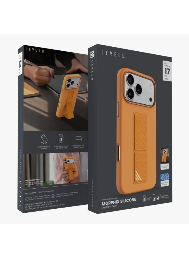LEVELO iPhone 17 Pro Max Case Morphix Silicone With Leather Grip For Secure Hold / Shock-Resistant Bumper / Slim Fit Design Back Cover / Raised Bezels For Camera & Screen / Liquid Silicone Comfort / Raised Edge - Orange - Image 4
