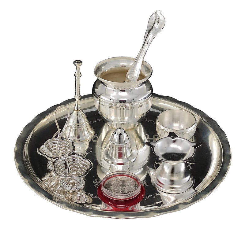 Bengalen Silver Plated Pooja Thali Set 8 Inch With Plate Ghanti Bowl Spoon Coin Dhup Dan Diya Kumkum Stand Puja Thali For Home Mandir Office Wedding Return Diwali Gift Items - Image 2