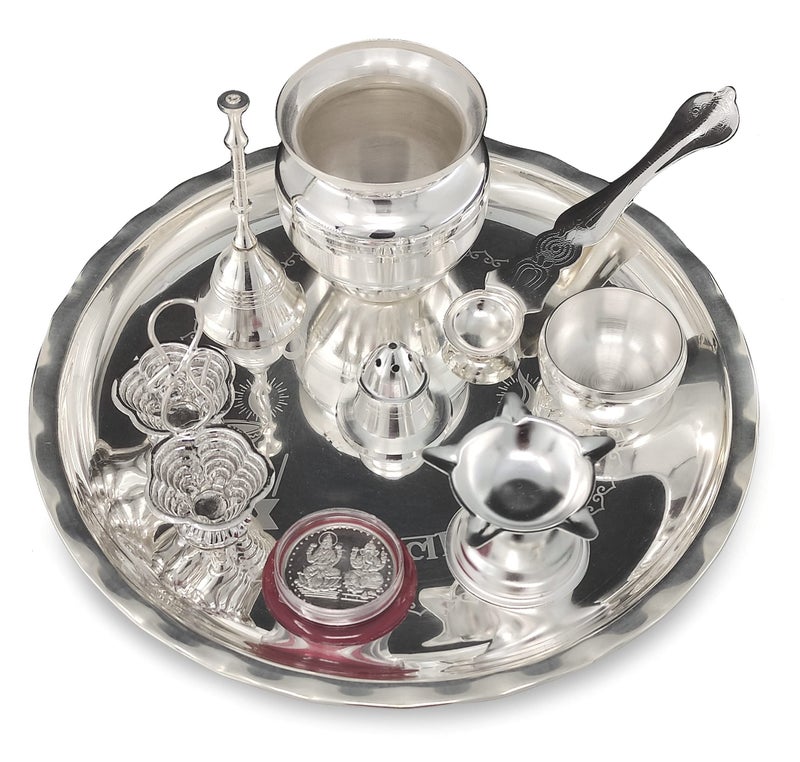 Bengalen Silver Plated Pooja Thali Set 8 Inch With Plate Ghanti Bowl Spoon Coin Dhup Dan Diya Kumkum Stand Puja Thali For Home Mandir Office Wedding Return Diwali Gift Items - Image 1