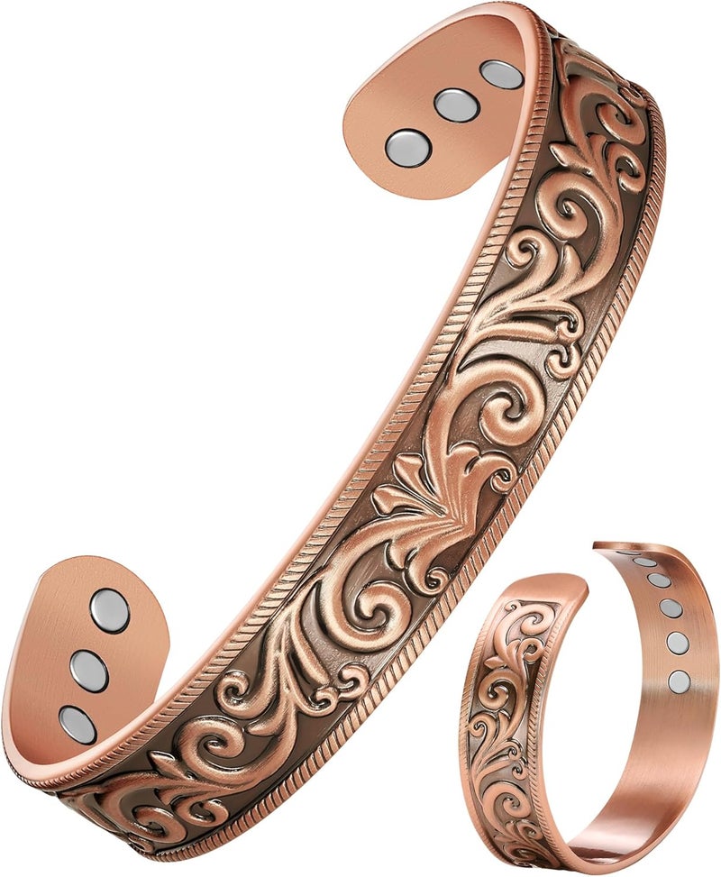 Feraco Pure Copper Bracelet for Men Women, Ultra Strength Magnetic Cuff Bangle for Men Women with 3500 Gauss Neodymium Magnets, 99.99% Copper Life Tree Jewelry, Adjustable