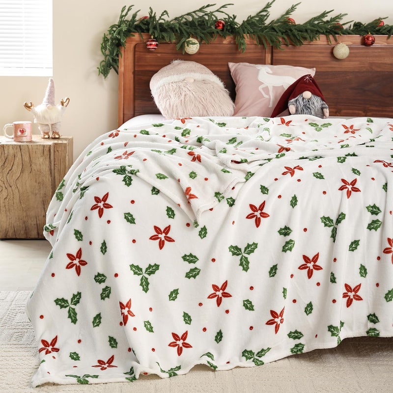 USERF Christmas Blankets Queen Size  Red Floral Green Leaves Thick Warm Winter Xmas Fleece Throw Blanket for Couch Sofa Bed Home D?cor  Luxury Soft Cozy Plush Fuzzy Microfiber Flannel Blanket  90x90 inches - Image 3