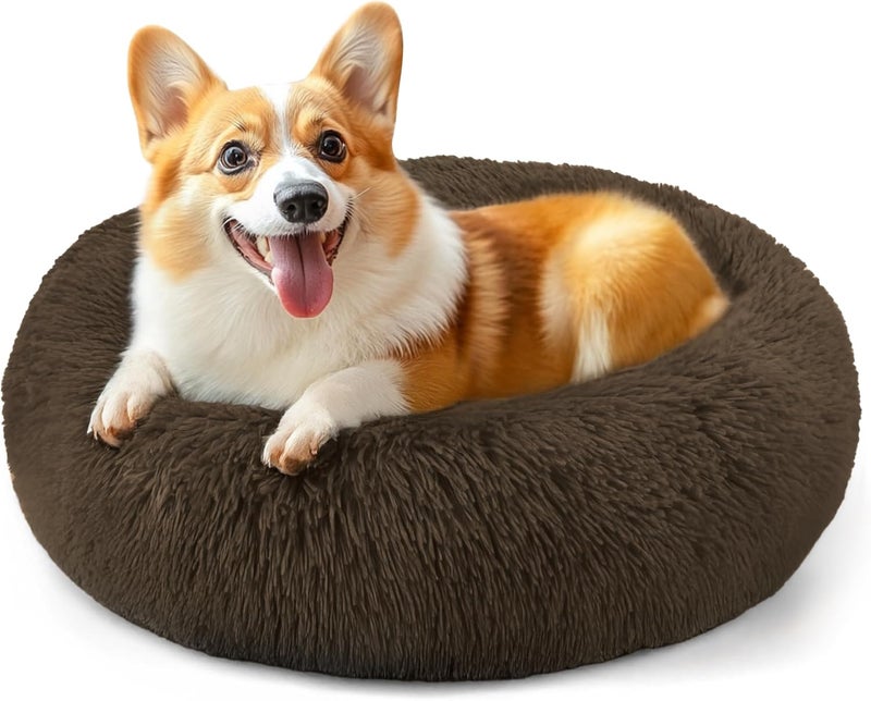 Hoewina 28in Large Dog Bed, Medium Size Dog and Cats, Calming Donut Bed for Puppy and Kitten, Washable Round Fluffy Pet Bed (Coffee) - Image 1