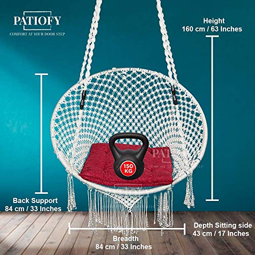 Patiofy Premium Hanging Cotton Rope Swing Chair with Cushion Accessories| Swing for Kids & Adults, Cotton Swing Chair Jhula for Home| Balcony, Indoor & Outdoor,Garden(Capacity 150 kgs,White in Colour) - Image 5