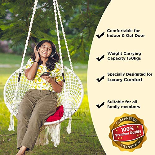 Patiofy Premium Hanging Cotton Rope Swing Chair with Cushion Accessories| Swing for Kids & Adults, Cotton Swing Chair Jhula for Home| Balcony, Indoor & Outdoor,Garden(Capacity 150 kgs,White in Colour) - Image 3