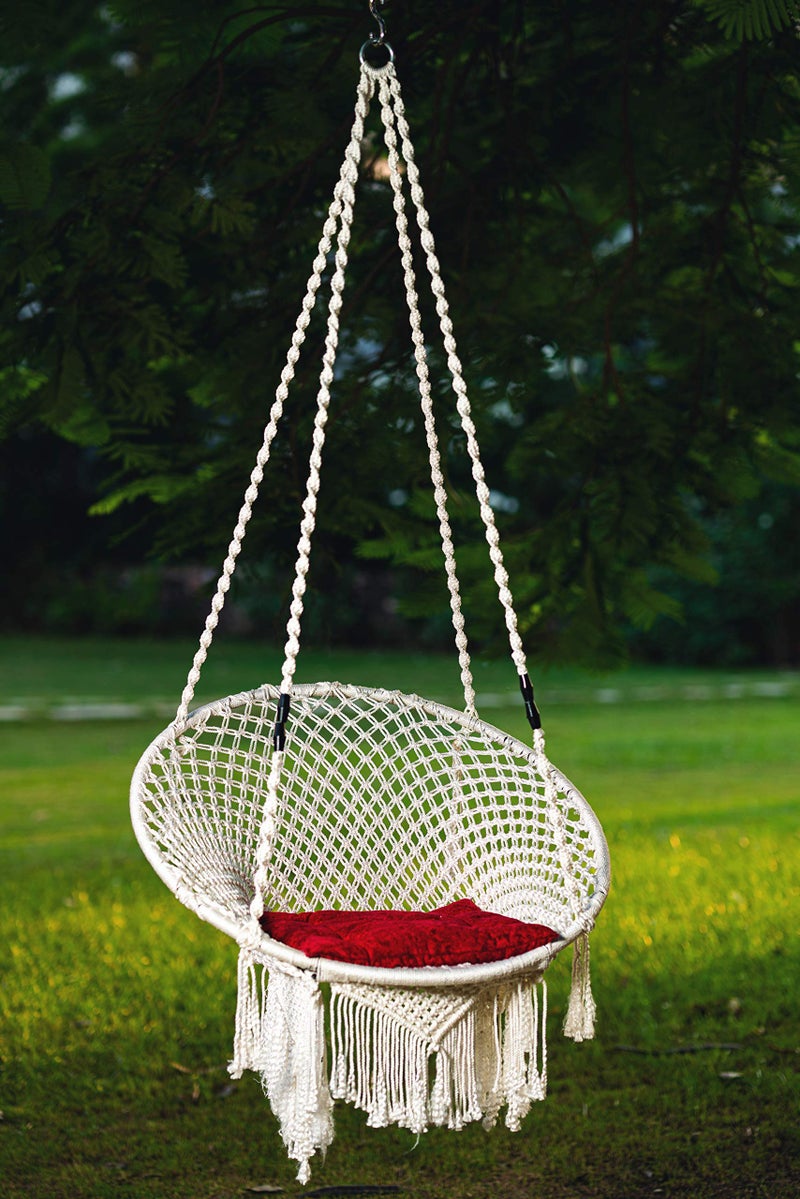 Patiofy Premium Hanging Cotton Rope Swing Chair with Cushion Accessories| Swing for Kids & Adults, Cotton Swing Chair Jhula for Home| Balcony, Indoor & Outdoor,Garden(Capacity 150 kgs,White in Colour) - Image 2
