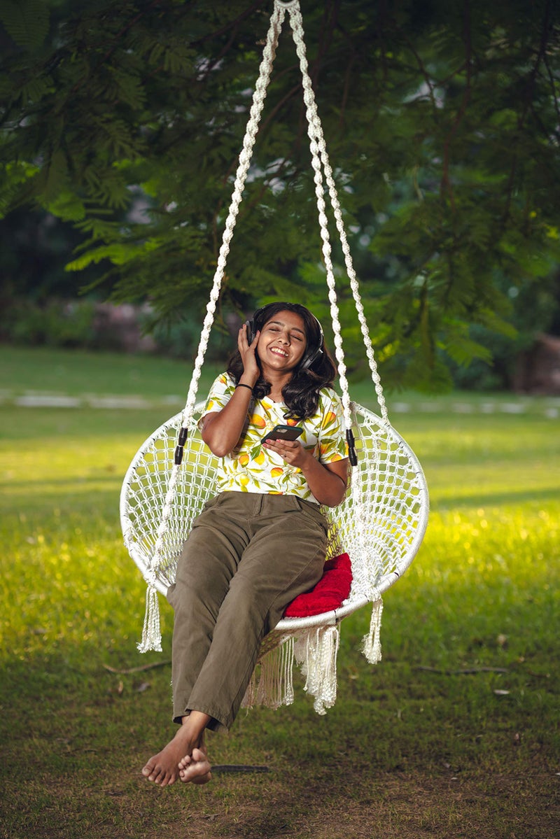 Patiofy Premium Hanging Cotton Rope Swing Chair with Cushion Accessories| Swing for Kids & Adults, Cotton Swing Chair Jhula for Home| Balcony, Indoor & Outdoor,Garden(Capacity 150 kgs,White in Colour) - Image 1