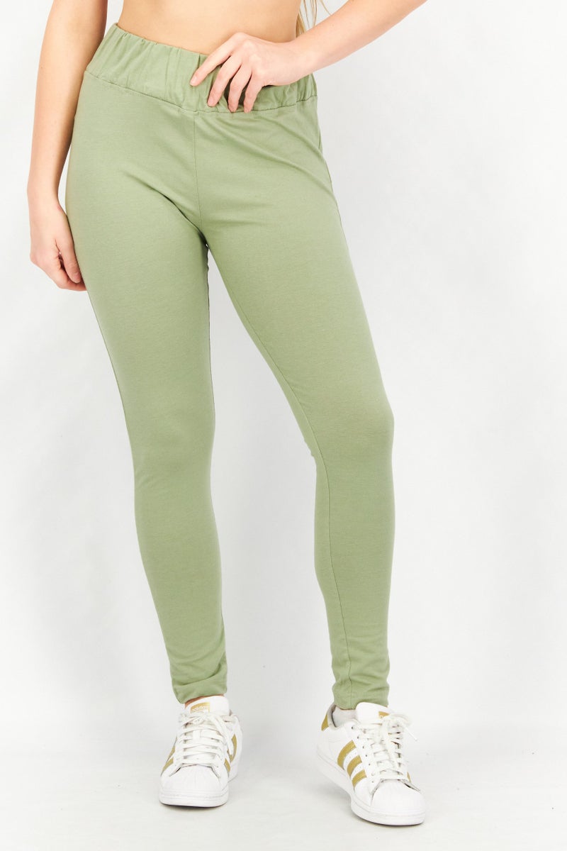 Missguided Women Waistband Solid Pull On Leggings, Olive - Image 1