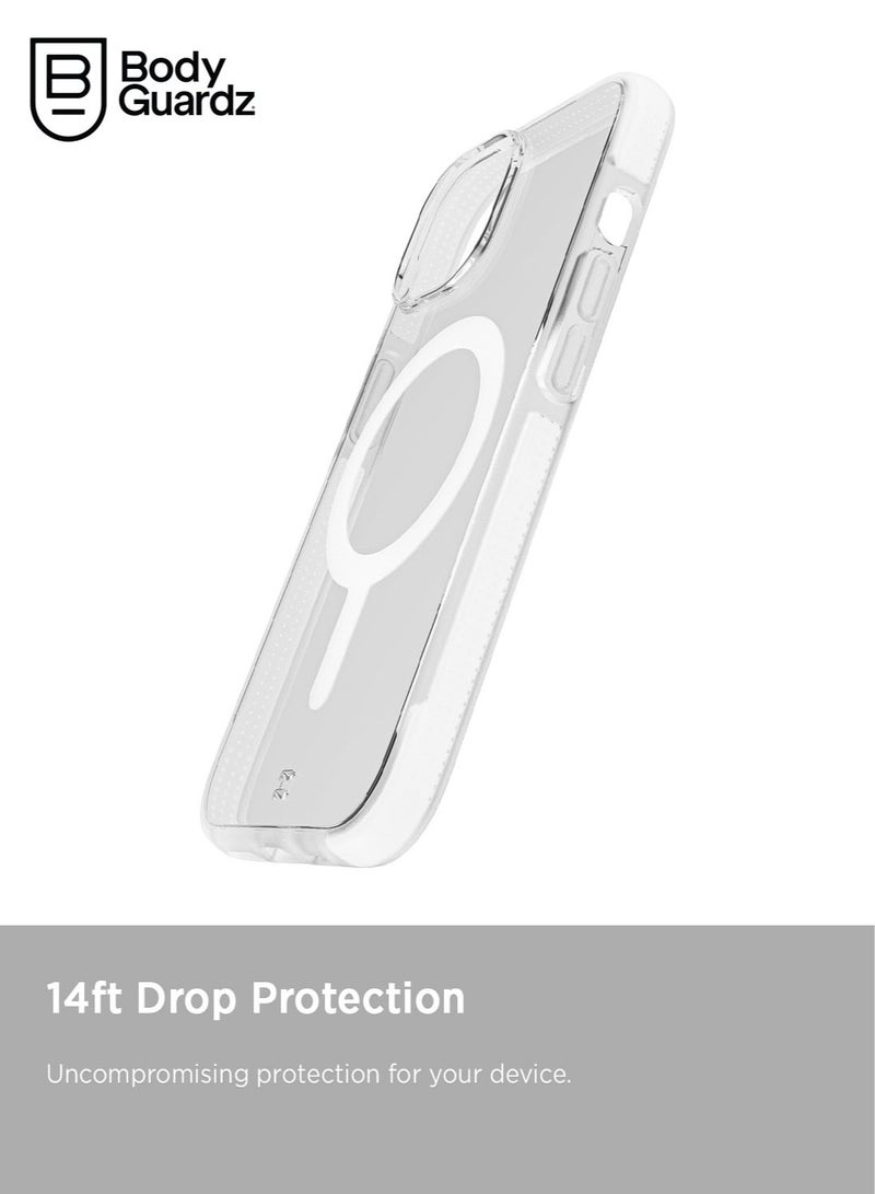 Bodyguardz Ace Pro for iPhone 15 Case Cover with 18 Feet Drop Protection compatible with MagSafe with Lanyard - Clear/White - Image 3