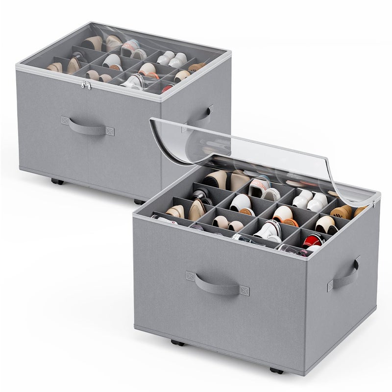 HOUSE AGAIN Shoe Organizer for Closet, 2 Pack Shoe Storage Organizer with Wheels, Foldable Shoe Storage Box with Adjustable Dividers and Clear Cover, Reinforced Handles, Fits up to 16-32 Pairs, Gray - Image 1