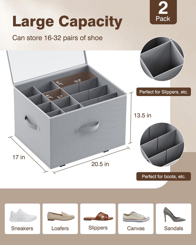 HOUSE AGAIN Shoe Organizer for Closet, 2 Pack Shoe Storage Organizer with Wheels, Foldable Shoe Storage Box with Adjustable Dividers and Clear Cover, Reinforced Handles, Fits up to 16-32 Pairs, Gray - Image 2
