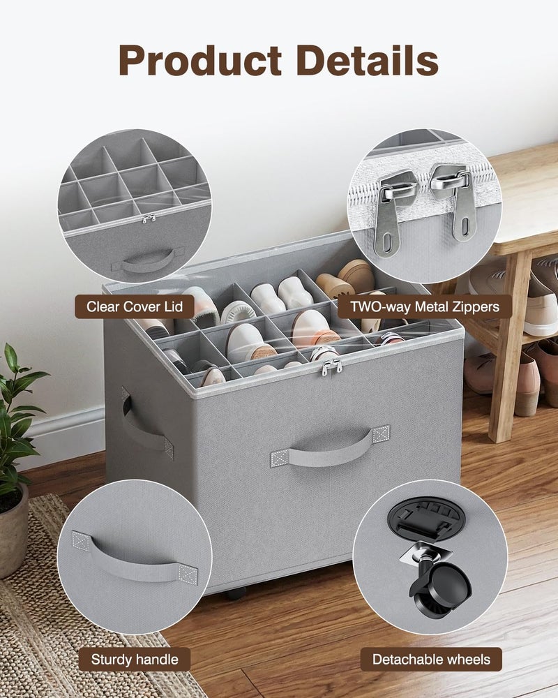 HOUSE AGAIN Shoe Organizer for Closet, 2 Pack Shoe Storage Organizer with Wheels, Foldable Shoe Storage Box with Adjustable Dividers and Clear Cover, Reinforced Handles, Fits up to 16-32 Pairs, Gray - Image 3