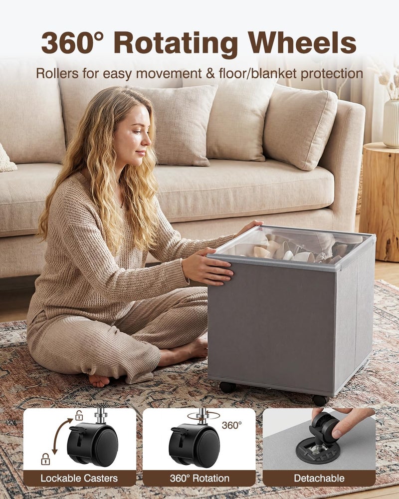 HOUSE AGAIN Shoe Organizer for Closet, 2 Pack Shoe Storage Organizer with Wheels, Foldable Shoe Storage Box with Adjustable Dividers and Clear Cover, Reinforced Handles, Fits up to 16-32 Pairs, Gray - Image 4