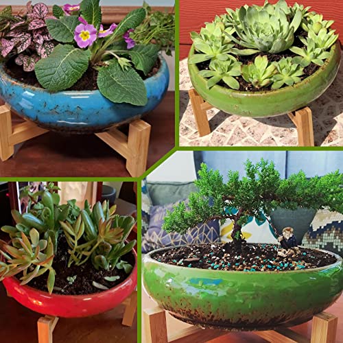 ARTKETTY Succulent Pots - Large Succulent Planters Pots with Drainage, 10 Inch Ceramic Bonsai Pot with Stand Round Shallow Planter for Indoor/Outdoor Plants Decorative Garden Cactus Flower Container Bowl - Image 5