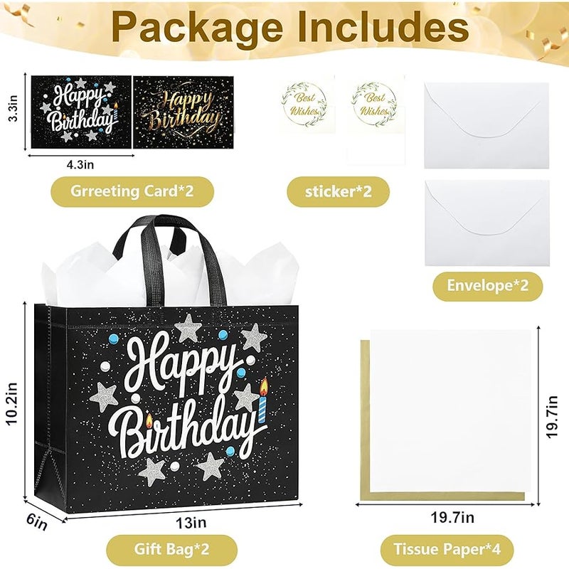 STYPOP 2 Pack 13 Large Birthday Gift Bags with Tissue Paper & Cards, Reusable Non-Woven Happy Birthday Bags with Handles, Perfect Gifts for Men, Boy, Kids, 12.8 x 10.2 x 6.3 - Image 2