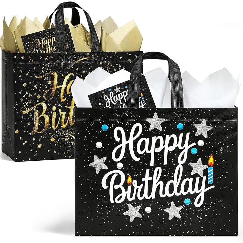 STYPOP 2 Pack 13 Large Birthday Gift Bags with Tissue Paper & Cards, Reusable Non-Woven Happy Birthday Bags with Handles, Perfect Gifts for Men, Boy, Kids, 12.8 x 10.2 x 6.3 - Image 1