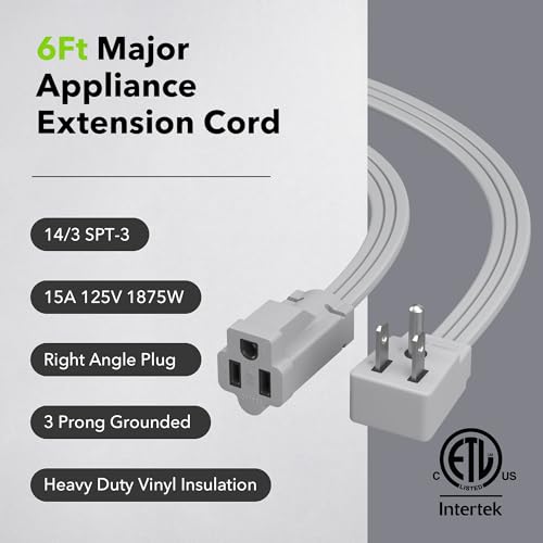 BN-LINK 6ft Air Conditioner Extension Cord, 14 Gauge Heavy Duty Power Cord, Gray, 3 Prong Grounded Flat Plug, 15 Amps, for Indoor Air Conditioner, Refrigerator and All Major Appliances - Image 3