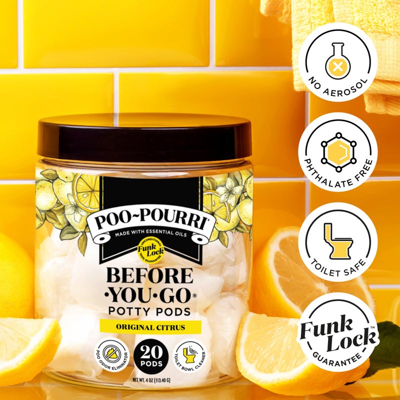 Poo-Pourri بودرة بوبوري قبل أن تذهب 2 في 1 كبسولات المرحاض، الحمضيات الأصلية، 20 قطعة، مزيل رائحة الحمام ومنظف المرحاض مع زيوت أساسية، رائحة الليمون، البرغموت وعشب الليمون - Image 2
