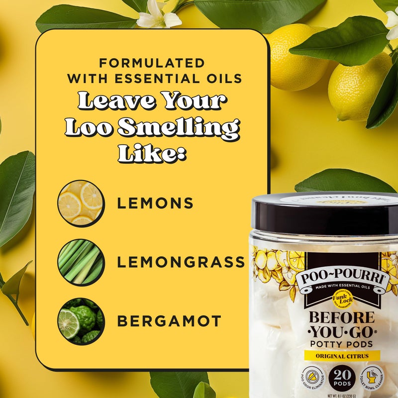 Poo-Pourri بودرة بوبوري قبل أن تذهب 2 في 1 كبسولات المرحاض، الحمضيات الأصلية، 20 قطعة، مزيل رائحة الحمام ومنظف المرحاض مع زيوت أساسية، رائحة الليمون، البرغموت وعشب الليمون - Image 3