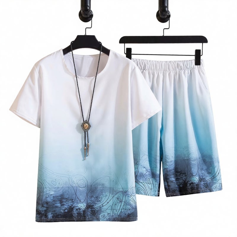 Men's Short Sleeve T-Shirt and Shorts Set Casual Sportswear Ice Silk Two-Piece Outfit